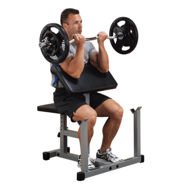 Body Solid Powerline Preacher Curl Bench | PPB32X - Sample Exercise with Barbell