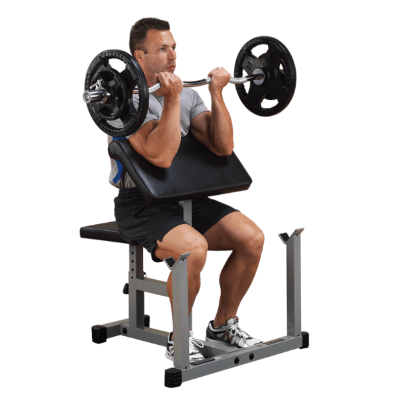 Body Solid Powerline Preacher Curl Bench | PPB32X - Sample Exercise with Barbell