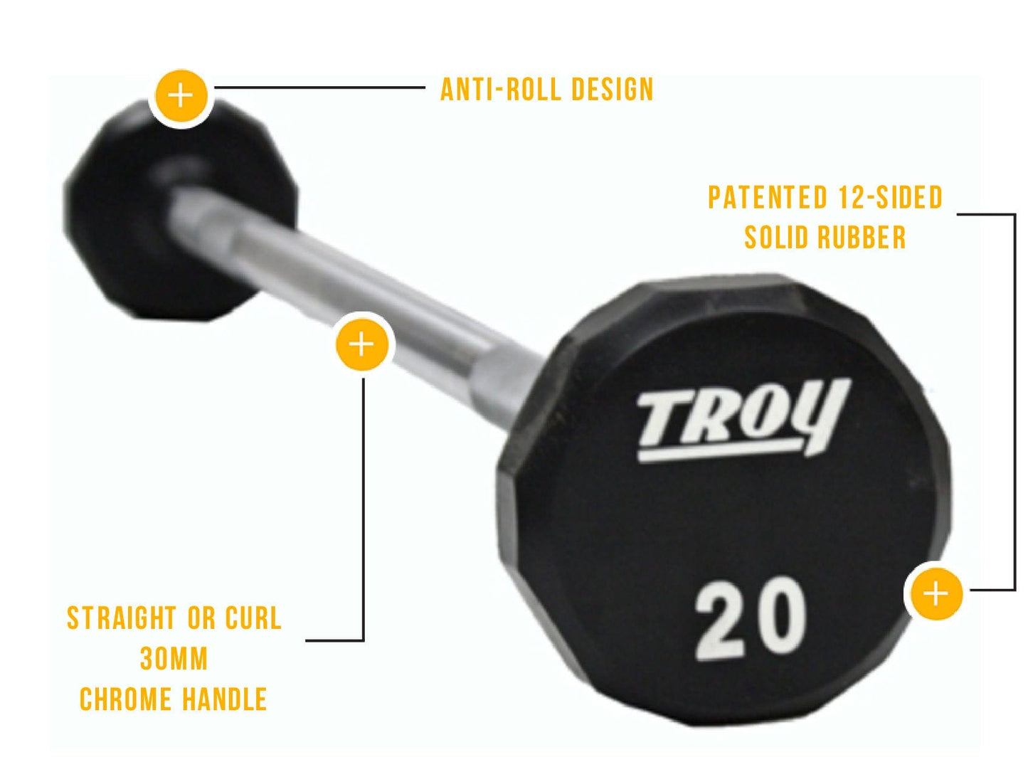 TROY 12-Sided Urethane Straight Barbell Set with Rack COMMPAC-TSBU110