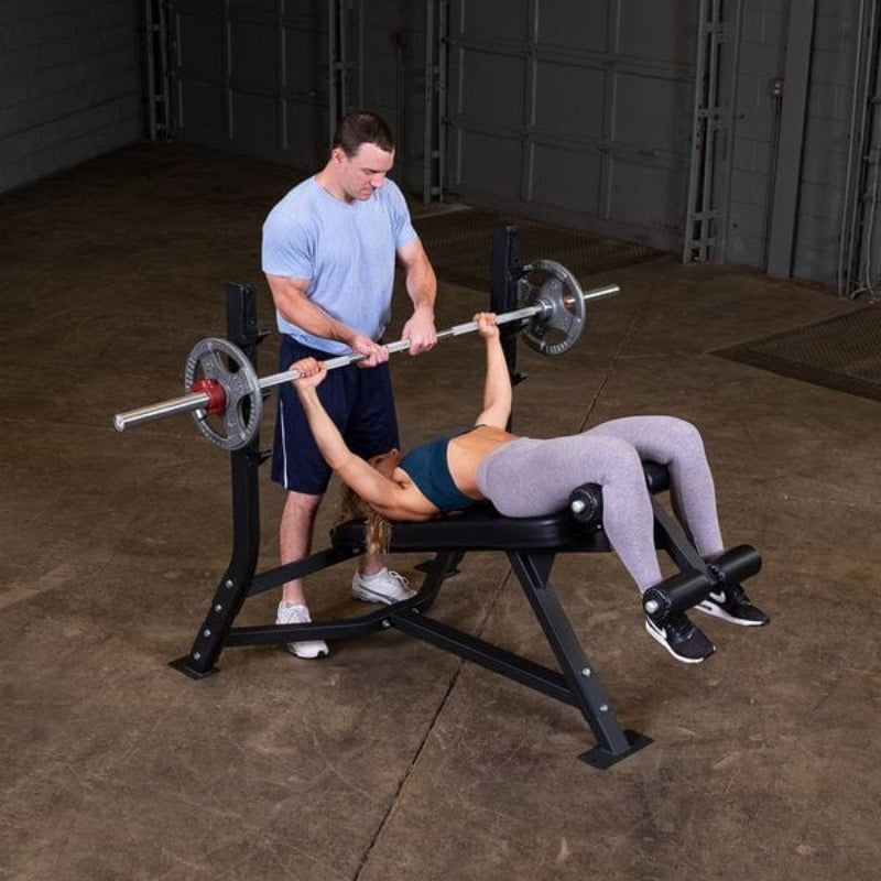 Body Solid Pro Clubline Olympic Decline Bench | SODB250 - Sample Exercise with Grip Plates