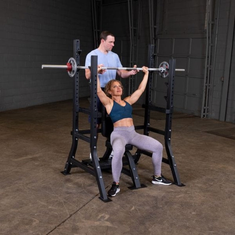 Body Solid Pro Clubline  Olympic Shoulder Press Bench | SOSB250  -  Sample Exercise with Grip Plates