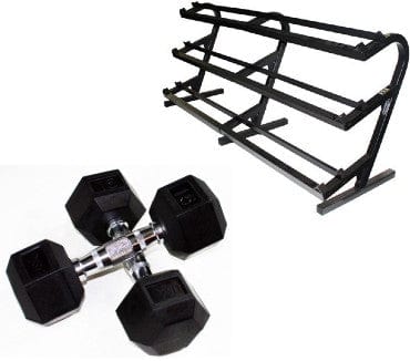 USA 5-100lb Rubber Encased Hex Dumbbells with Rack VERTPAC-HDR100