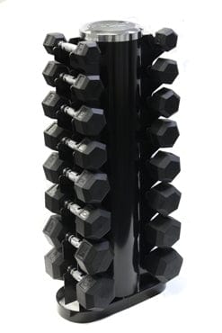 USA 5-30 lb Rubber Hex Dumbbells Set with Vertical Rack VERTPAC-HDR30G