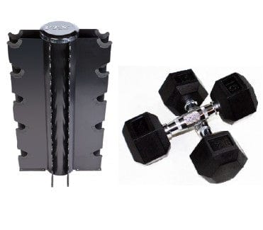USA 3-50lb Rubber Hex Dumbbell Set with Vertical Rack | VERTPAC-HDR50G