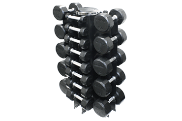 Troy 3-50lb 12-Sided Rubber Dumbbell Set with Vertical Rack | VERTPAC-TSDR50G