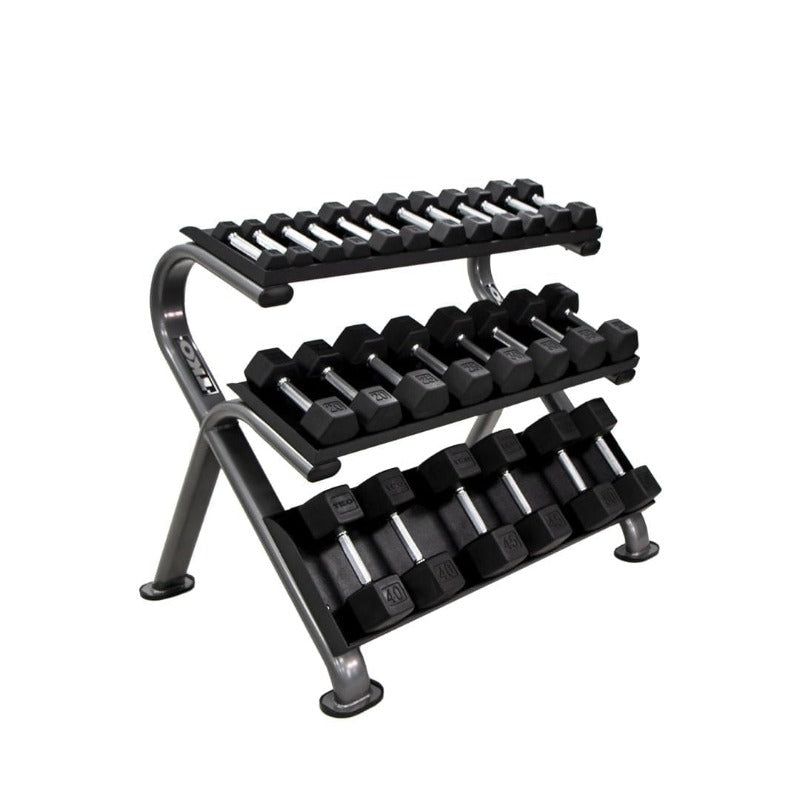 TKO 5-50lb Urethane Hex Tri-grip Handle Dumbbells w/ 3 Tier Shelf Rack - S890-TXUA10